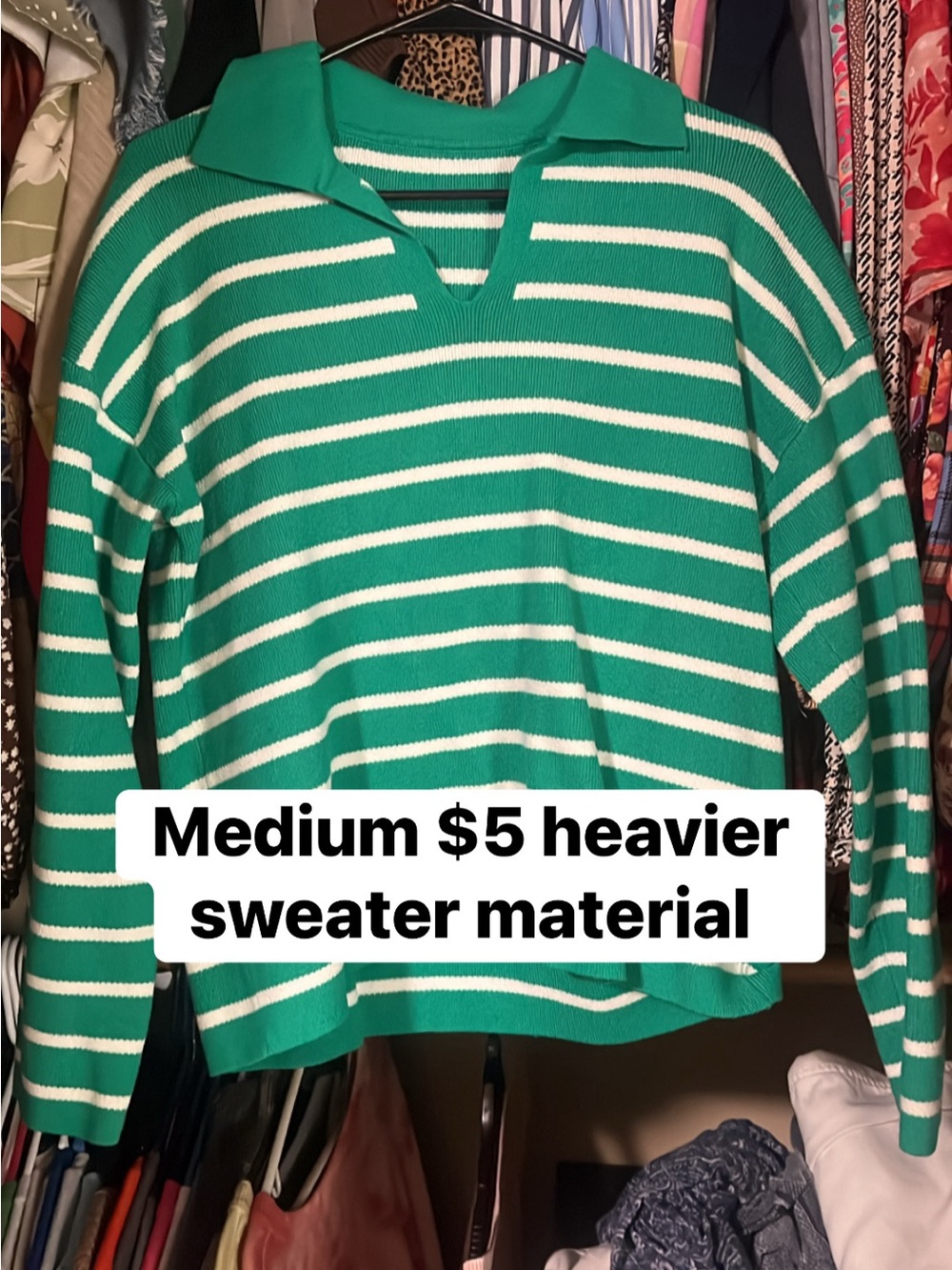Striped Green & White Polo Sweater - Medium